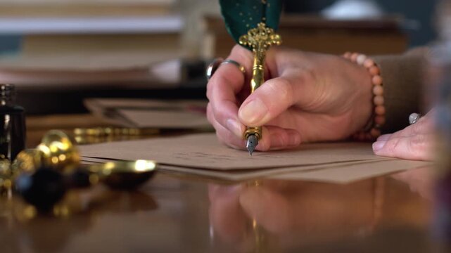 A close-up of a girl's hand writing a letter with a vintage fountain pen. The graceful curves on the paper are carefully traced with ink. The girl is writing a letter.