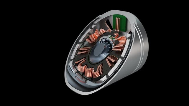 The brushless motor gradually becomes invisible using slice animation. 3d animation isolated on black