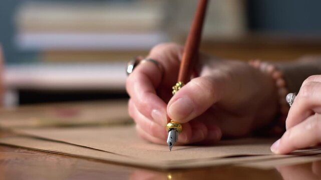 A close-up of a girl's hand writing a letter with a vintage fountain pen. The graceful curves on the paper are carefully traced with ink. The girl is writing a letter.