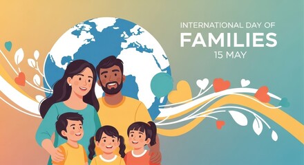 Naklejka premium Happy multicultural family celebrating International Day of Families with globe and hearts