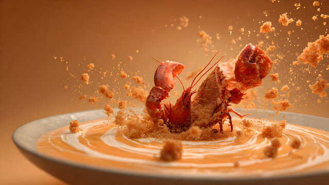 Hyper-realistic 3D render of a deconstructed lobster bisque, with the crustacean's {crackedwhole} shell floating above a swirl of {saffron-infusedtruffle-dusted} cream, particles of {herb dustcrouton 