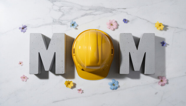 Minimalist Mother&rsquo;s Day concept with the word &ldquo;MOM&rdquo; formed by concrete letters and a yellow construction helmet as the &ldquo;O,&rdquo; surrounded by small pastel flowers on a light marble background.