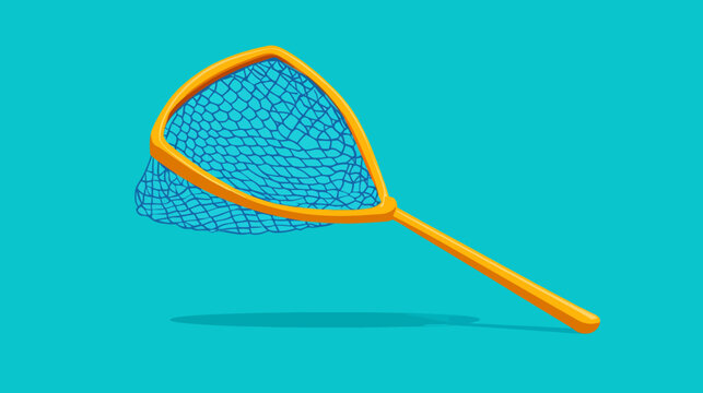A cartoon illustration of a fishing net with a wooden handle on a teal background