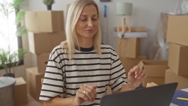 Woman types on laptop and checks smartphone amid packed moving boxes in building; moving transition contentment.