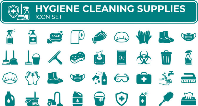 Hygiene Cleaning Supplies Icon Set Hairnet Shoe Cover Napkins Glove Sanitation Protective Equipment Vector Illustration