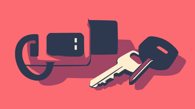 Minimalist abstract illustration of car keys and associated gadgets in black and white on a coral background