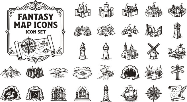 Fantasy Map Icons Collection Set Vintage Sketch Style Cartography Medieval Map Fantasy World Map Symbols Adventure Mapping Vector Illustration