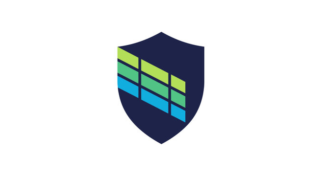 Shield logo with colorful grid pattern.