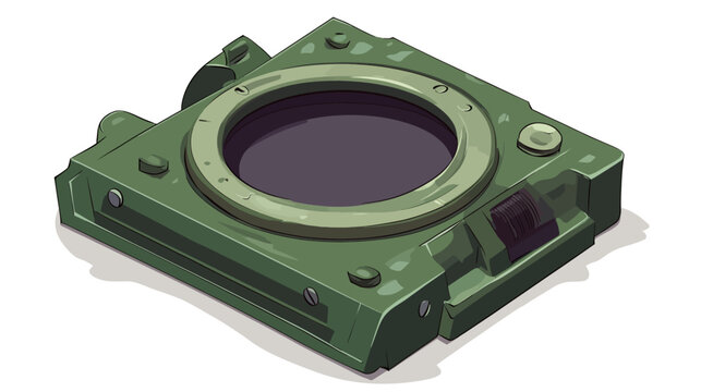Isometric, pixelated, olive-green machine component. Circular opening, buttons, and switches on surface. Rendered on white background