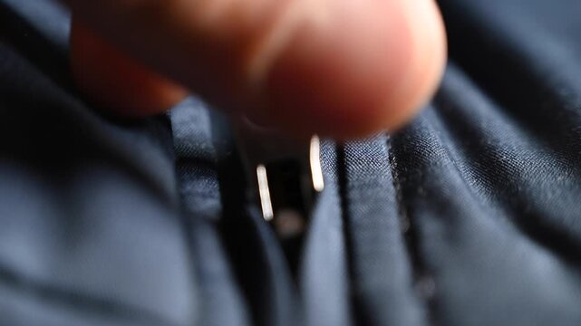 hand smoothly operating a zipper on a blue garment. The scene highlights the texture of the fabric and the metallic detail of the zipper, emphasizing everyday functionality, clothing design