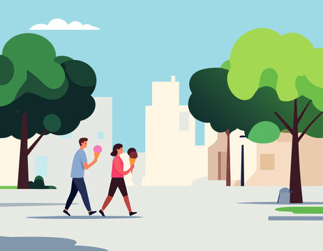  Personas caminando en un parque urbano con &aacute;rboles y edificios al fondo.
