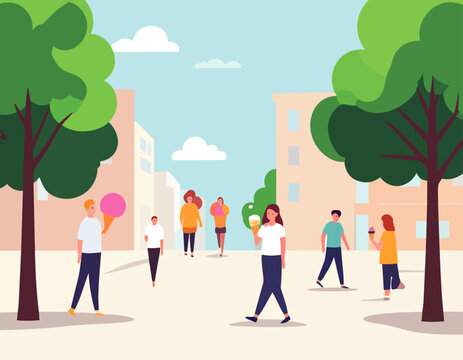  Personas caminando en plaza urbana con edificios y &aacute;rboles en estilo plano, ilustraci&oacute;n vectorial.
