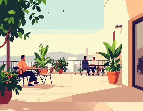  Personas sentadas en terraza con plantas en ambiente relajado en estilo plano, ilustraci&oacute;n vectorial.

