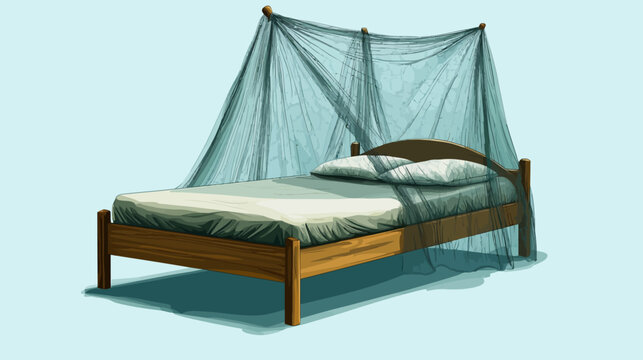 Digital illustration of a bed with mosquito netting. The bed is wooden, and the netting is draped elegantly