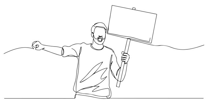 Line drawing of a protester holding a blank placard while shouting.