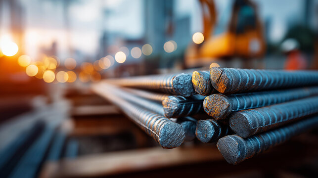 Close-up of rebar steel construction reinforcement in a building foundation showing metal texture and industrial structure