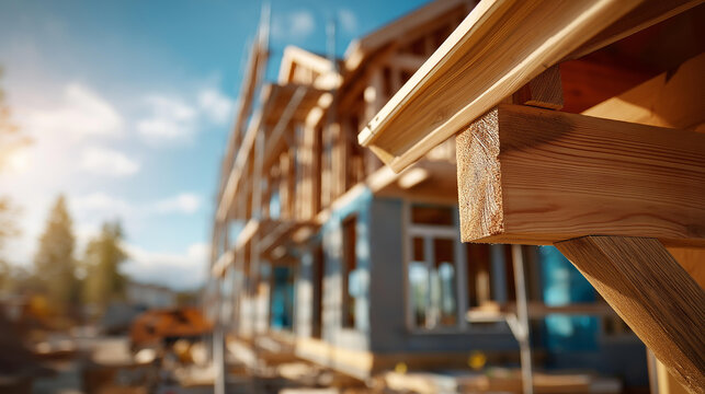 Timber framing of a new residential house under a clear blue sky showing construction progress and structural wood beams