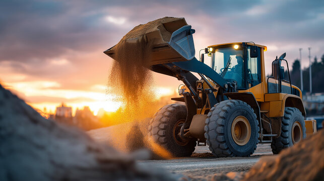 Wheel loader with full bucket of sand raised against the sky at a quarry construction site industrial earthmoving machinery