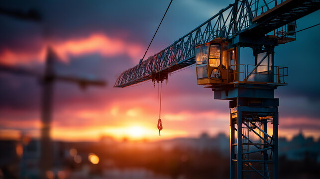 Silhouette of a tower crane over a building construction site against a dramatic sunset sky showing large scale industry and architecture