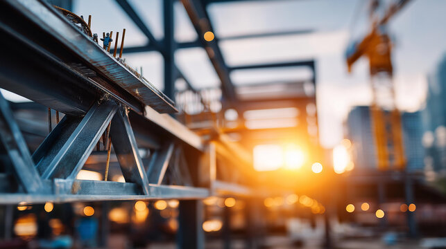 Steel workshop construction site with metal framework and structural building under active industrial development