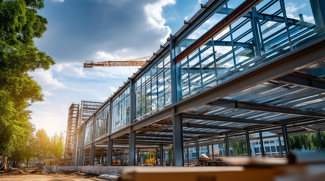 Steel frame workshop under active construction on an industrial building site with exposed beams and structural columns showing development progress