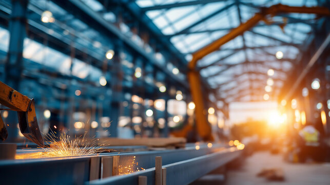 Construction steel workshop structure on industrial building site showing steel frame and active development