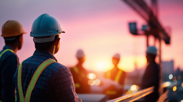 Silhouette of faceless engineering and construction team working at a building site against a pastel sunset skyline