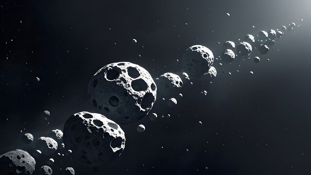 Cratered gray asteroids floating in deep space with stars