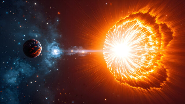Exploding star supernova with nearby planet on cosmic background