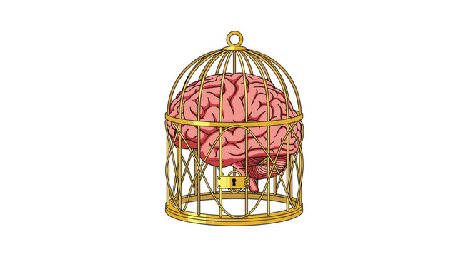 A detailed human brain is confined within a golden birdcage featuring an intricate wire design and a small padlock against a white background space.
