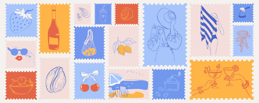 Summer mail stamps. Retro frame or border element design with italian food, lemons and wine. Letter mail stamp sticker print, wall art vector travel postcard, summer Mediterranean placard or poster. 