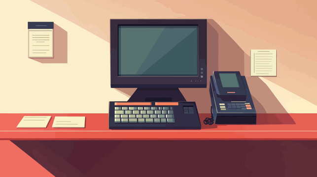 Illustration of a vintage office setup featuring a computer, keyboard, phone, and notepads
