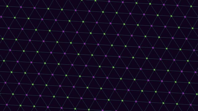 Abstract footage of a glowing geometric network grid with neon nodes and connecting lines on a dark background, ideal for technology, data, AI, and digital design