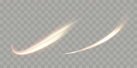 A soft golden light trail on a transparent background. A vector glowing curve with a warm shimmer for creating magical trails, light overlay elements, and motion graphics. © Valeriia