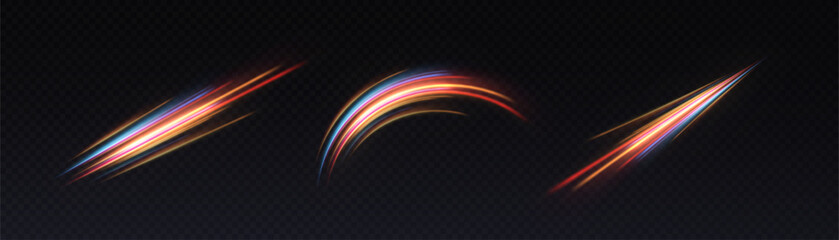 Glowing light lines with smooth curved motion and bright orange blue highlights. Vector abstract streak effect for speed, magic, energy and futuristic overlay designs. © Valeriia