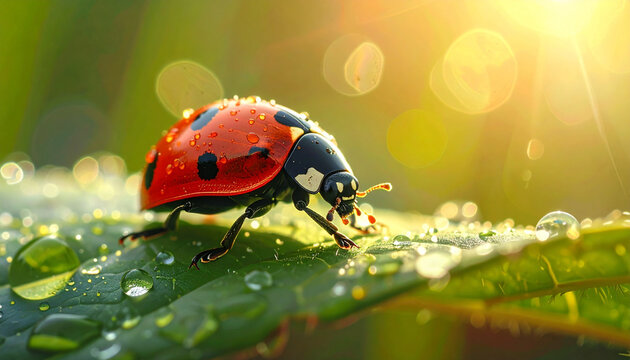 Close up of a vibrant red ladybug on a green leaf with morning dew drops