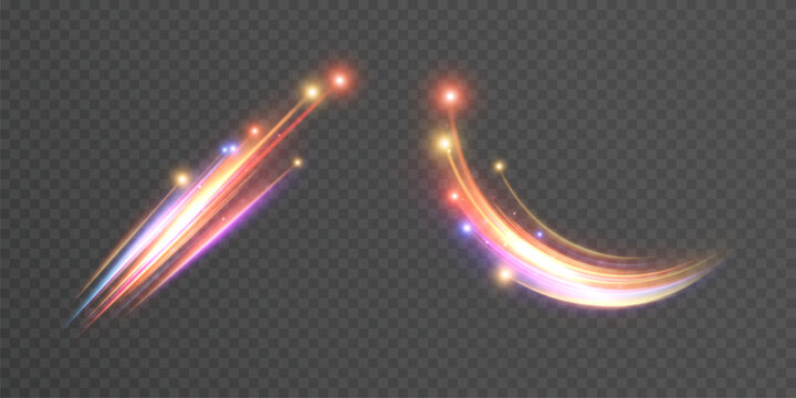 Colorful glowing comet trails with vibrant particles for fantastical and magical illustrations. Curved glowing lines with a bright, magical glow. 
