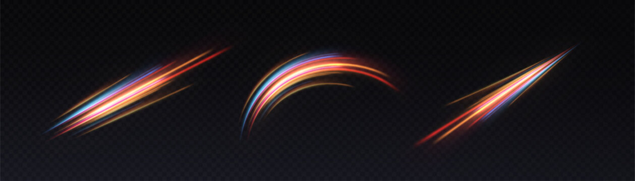Glowing light lines with smooth curved motion and bright orange blue highlights. Vector abstract streak effect for speed, magic, energy and futuristic overlay designs.