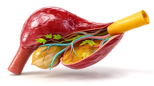 3D medical illustration of human gallbladder anatomy with bile duct and liver connection
