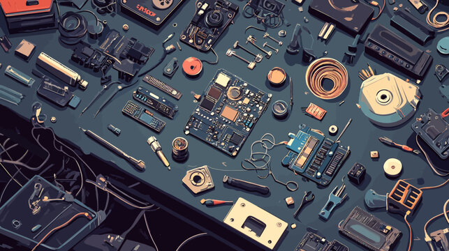 A detailed digital illustration of various electronic components and tools arranged on a work surface