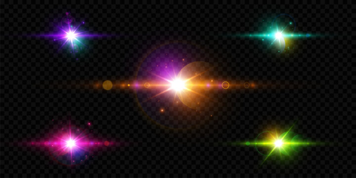 Colorful glowing starbursts with bright rays, prismatic shine, and sparkling highlights. A vector light effect for magical overlays, festive designs, and light accents.
