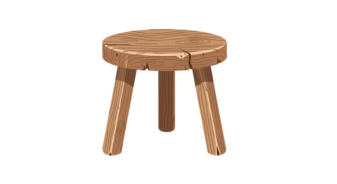 A rustic and weathered three-legged wooden stool crafted from thick timber with visible cracks and rough textures stands alone against a white backdrop.