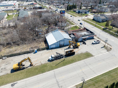 Kenosha, Wisconsin, USA &ndash; April 8, 2025: Aerial view of demolition at the former Hillside True Value Hardware, a long-vacant brownfield site undergoing environmental remediation.