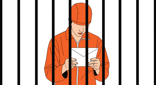 A male inmate wearing a bright orange uniform and matching cap reads a personal letter behind thick black vertical prison bars in a stark environment.