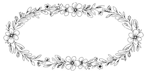 Obraz premium Hand-drawn Floral Oval Frame with Decorative Blossoms.