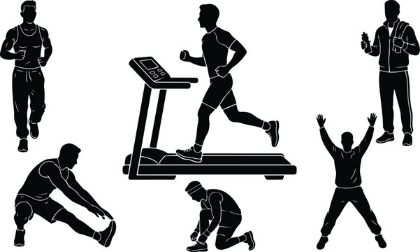 Flat black and white silhouettes of men exercising with treadmill stretching and jumping