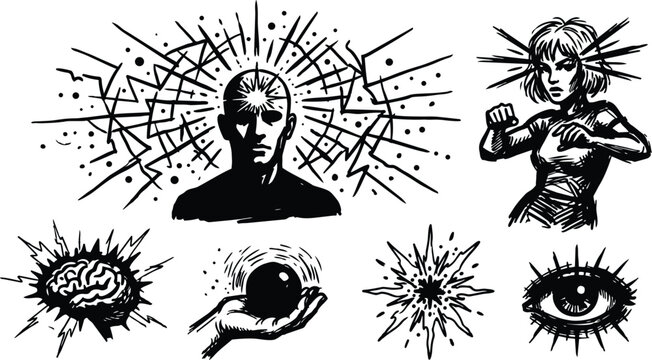 Ink line art radiant head and fighting woman with energy orb and exploding brain motifs