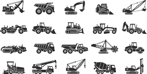 Construction machinery icons set, excavators, dump trucks and heavy equipment silhouettes, black vector collection for industry, engineering, building and worksite design use © SunilKumar