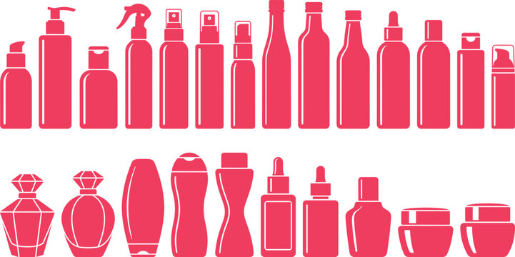 Cosmetic bottle silhouettes collection including spray pump containers, lotion dispensers, perfume flacons and skincare packaging, black vector set for beauty, hygiene and branding design