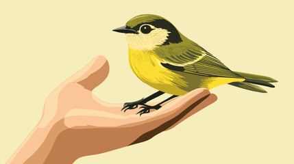 Naklejka premium A vibrant yellow and green bird perches on a light-skinned hand, vector style, against a beige background